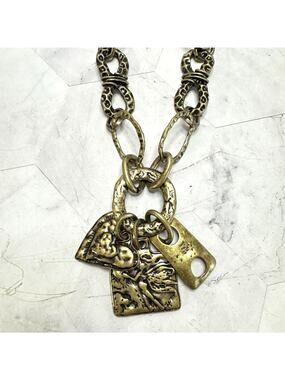 Vintage Nena Necklace Hammered Antique Gold Tone Statement Heart Cluster